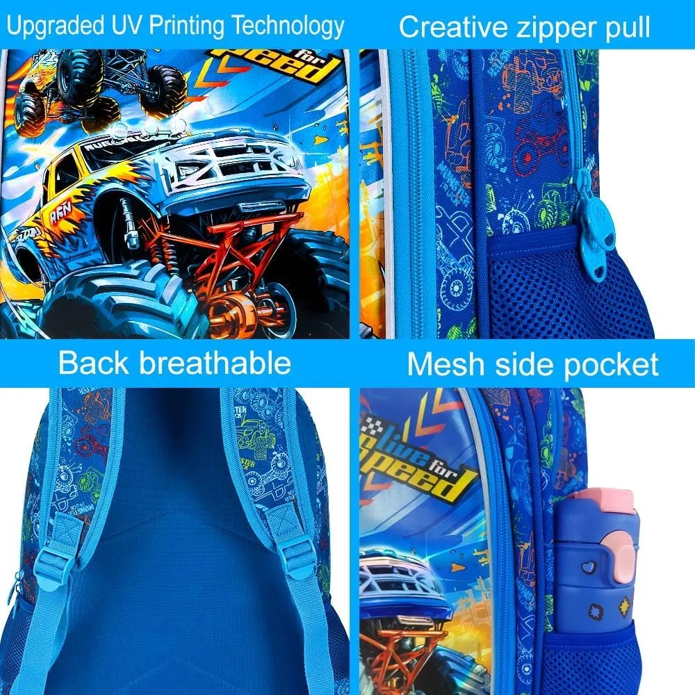 KLFVB 3PCS Boys Truck Backpack, Water Resistant Kids Bookbag with Lunch Box, 16" Preschool Backpacks for Elementary - Truck Blue