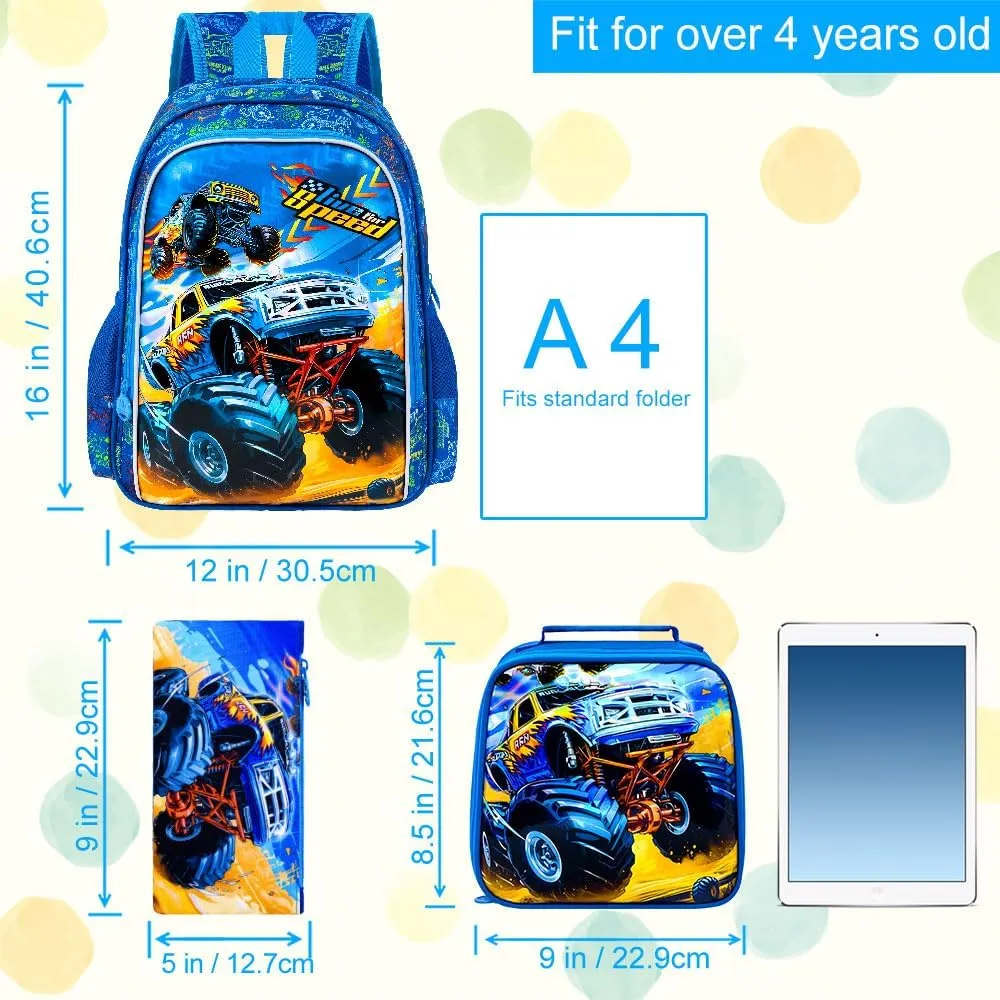 KLFVB 3PCS Boys Truck Backpack, Water Resistant Kids Bookbag with Lunch Box, 16" Preschool Backpacks for Elementary - Truck Blue