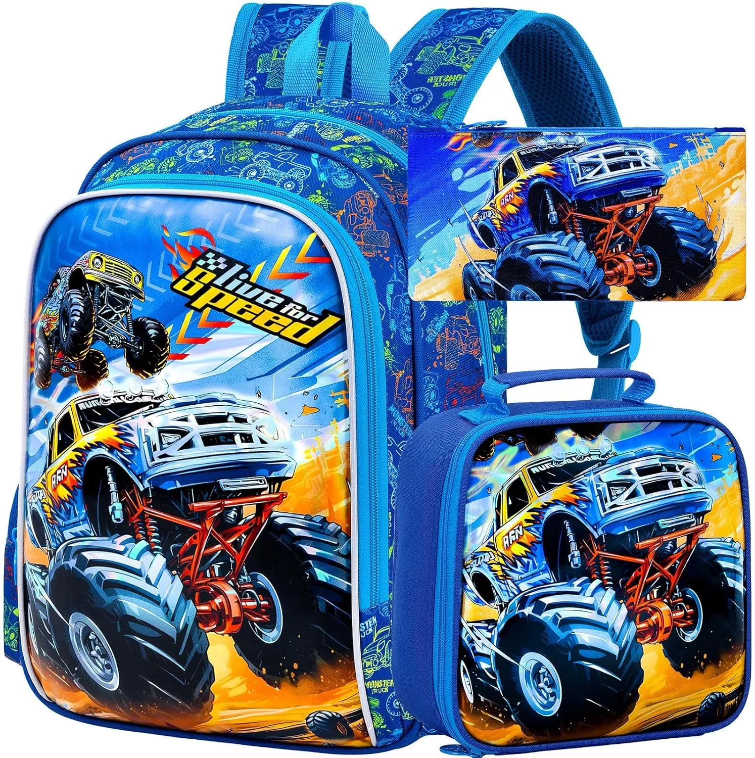 KLFVB 3PCS Boys Truck Backpack, Water Resistant Kids Bookbag with Lunch Box, 16" Preschool Backpacks for Elementary - Truck Blue