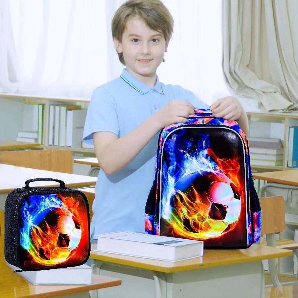 KLFVB 3PCS Kids Backpack, 17" Boys Football Bookbag and Lunch Box, Water Resistant Teenagers School Backpacks for Middle Elementary - Flame Soccer