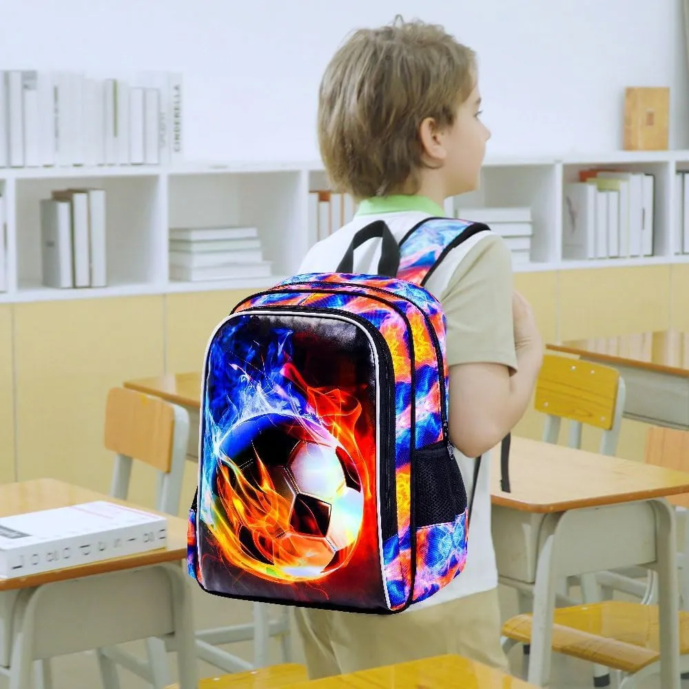 KLFVB 3PCS Kids Backpack, 17" Boys Football Bookbag and Lunch Box, Water Resistant Teenagers School Backpacks for Middle Elementary - Flame Soccer