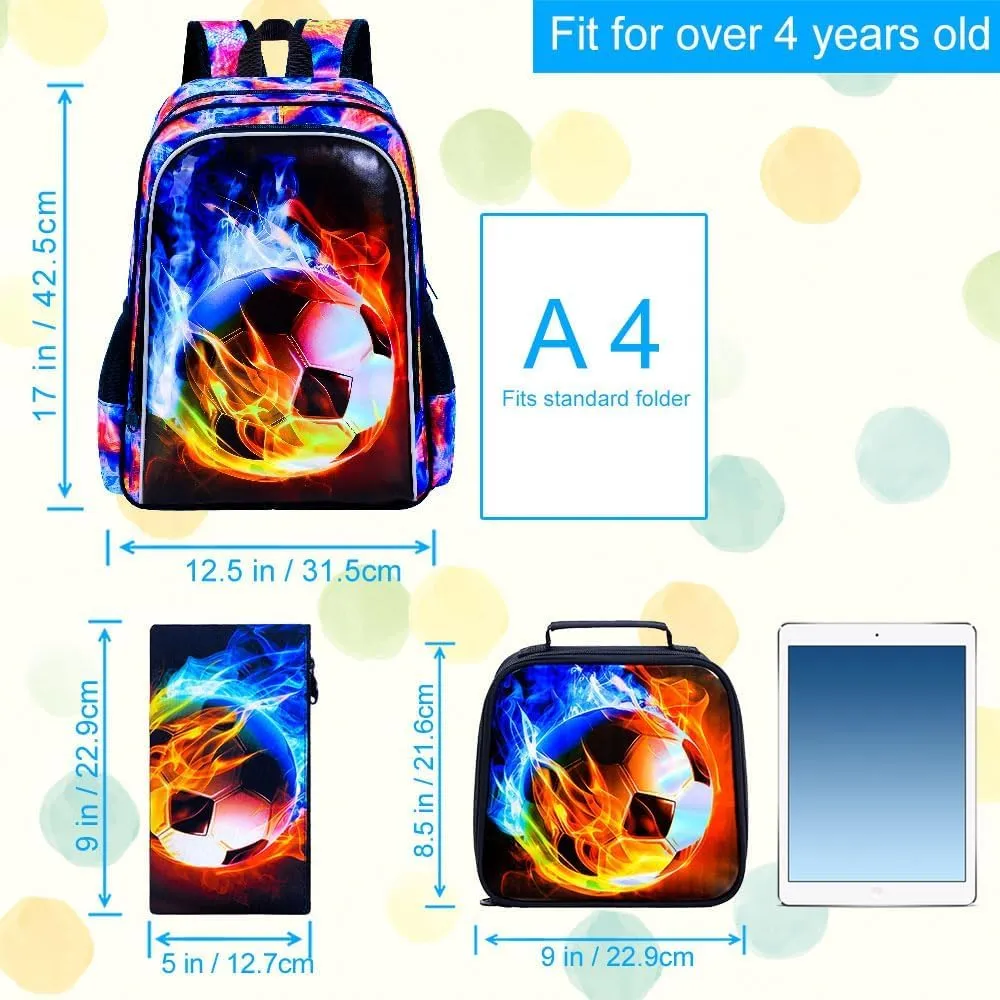 KLFVB 3PCS Kids Backpack, 17" Boys Football Bookbag and Lunch Box, Water Resistant Teenagers School Backpacks for Middle Elementary - Flame Soccer