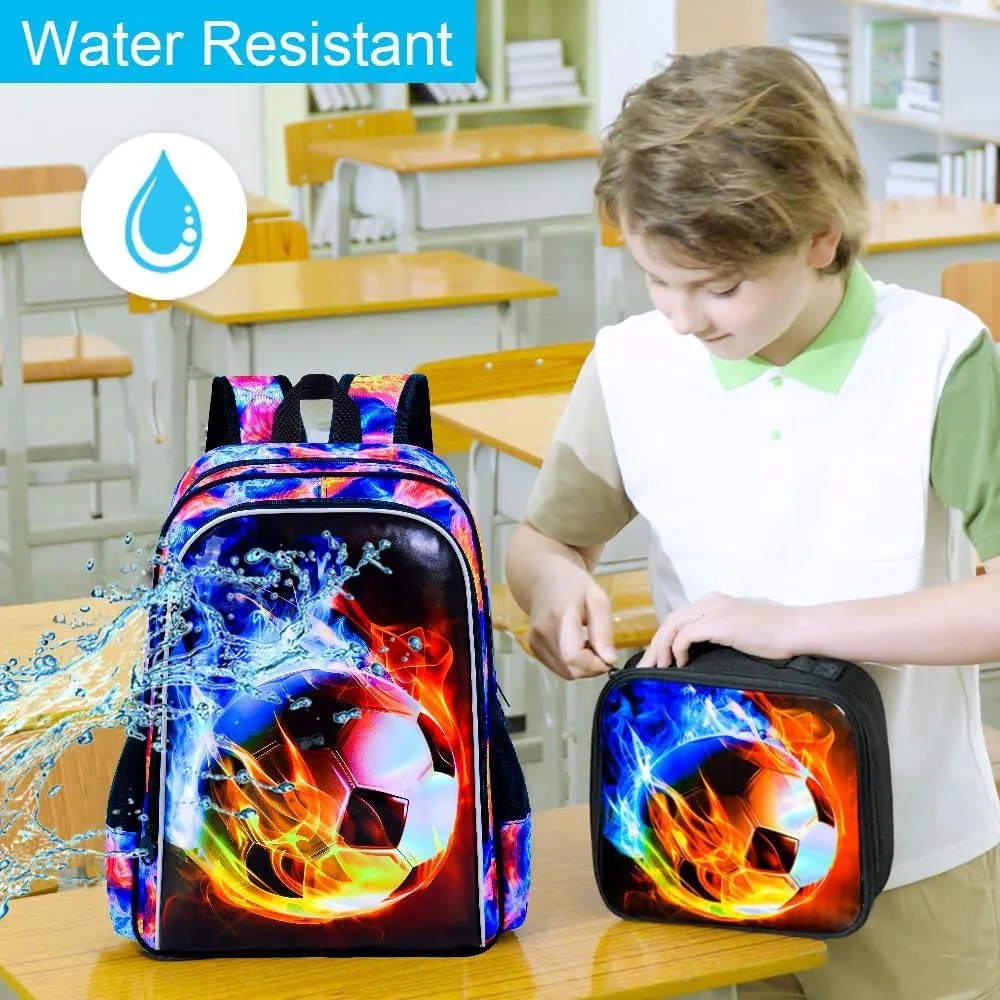 KLFVB 3PCS Kids Backpack, 17" Boys Football Bookbag and Lunch Box, Water Resistant Teenagers School Backpacks for Middle Elementary - Flame Soccer