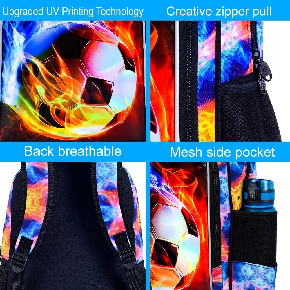 KLFVB 3PCS Kids Backpack, 17" Boys Football Bookbag and Lunch Box, Water Resistant Teenagers School Backpacks for Middle Elementary - Flame Soccer