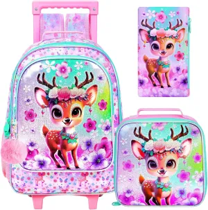 KLFVB Girls Rolling Bookbag, 3PCS Kids Roller Backpack with Lunch Bag, Wheeled School Bag for Children - Deer