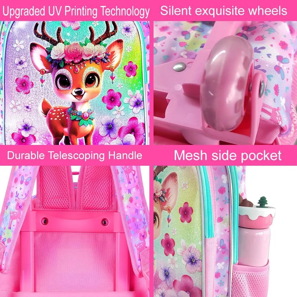 KLFVB Girls Rolling Bookbag, 3PCS Kids Roller Backpack with Lunch Bag, Wheeled School Bag for Children - Deer