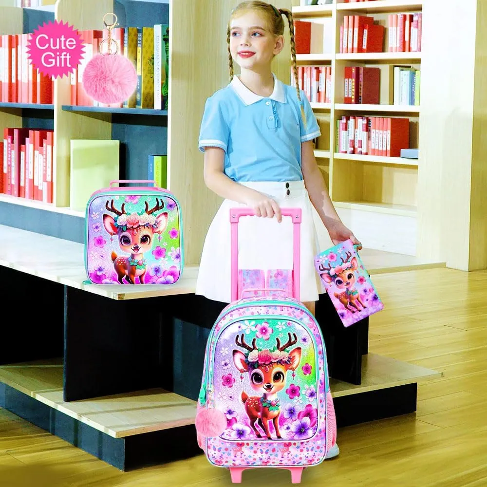 KLFVB Girls Rolling Bookbag, 3PCS Kids Roller Backpack with Lunch Bag, Wheeled School Bag for Children - Deer