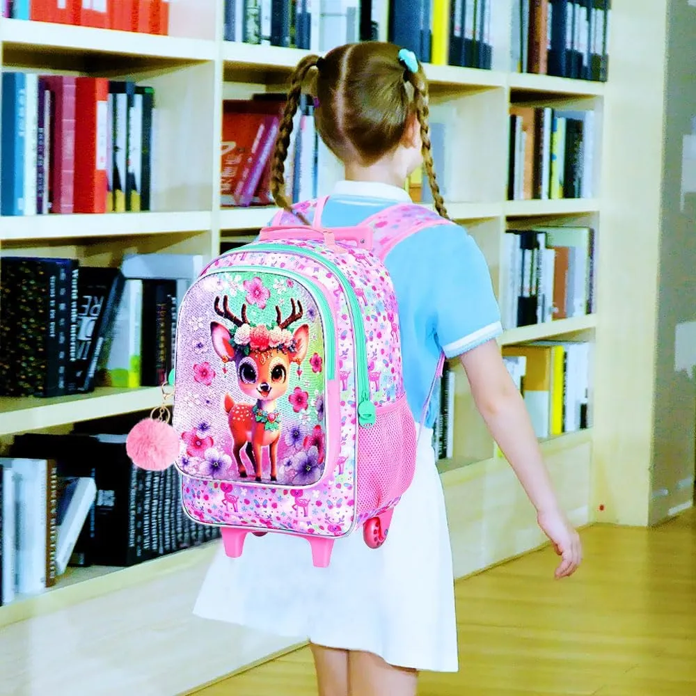 KLFVB Girls Rolling Bookbag, 3PCS Kids Roller Backpack with Lunch Bag, Wheeled School Bag for Children - Deer