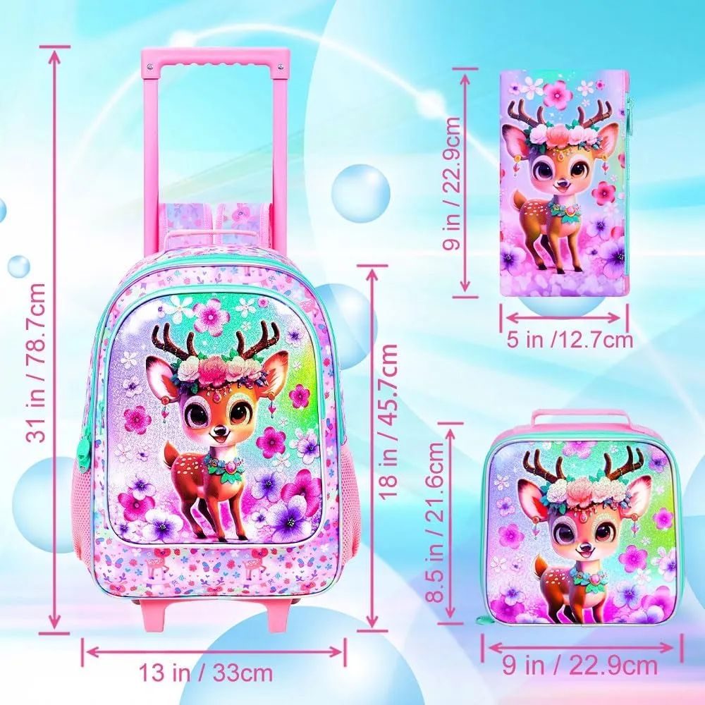KLFVB Girls Rolling Bookbag, 3PCS Kids Roller Backpack with Lunch Bag, Wheeled School Bag for Children - Deer