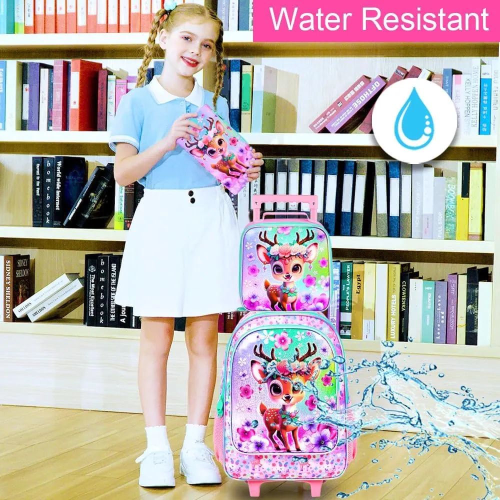 KLFVB Girls Rolling Bookbag, 3PCS Kids Roller Backpack with Lunch Bag, Wheeled School Bag for Children - Deer