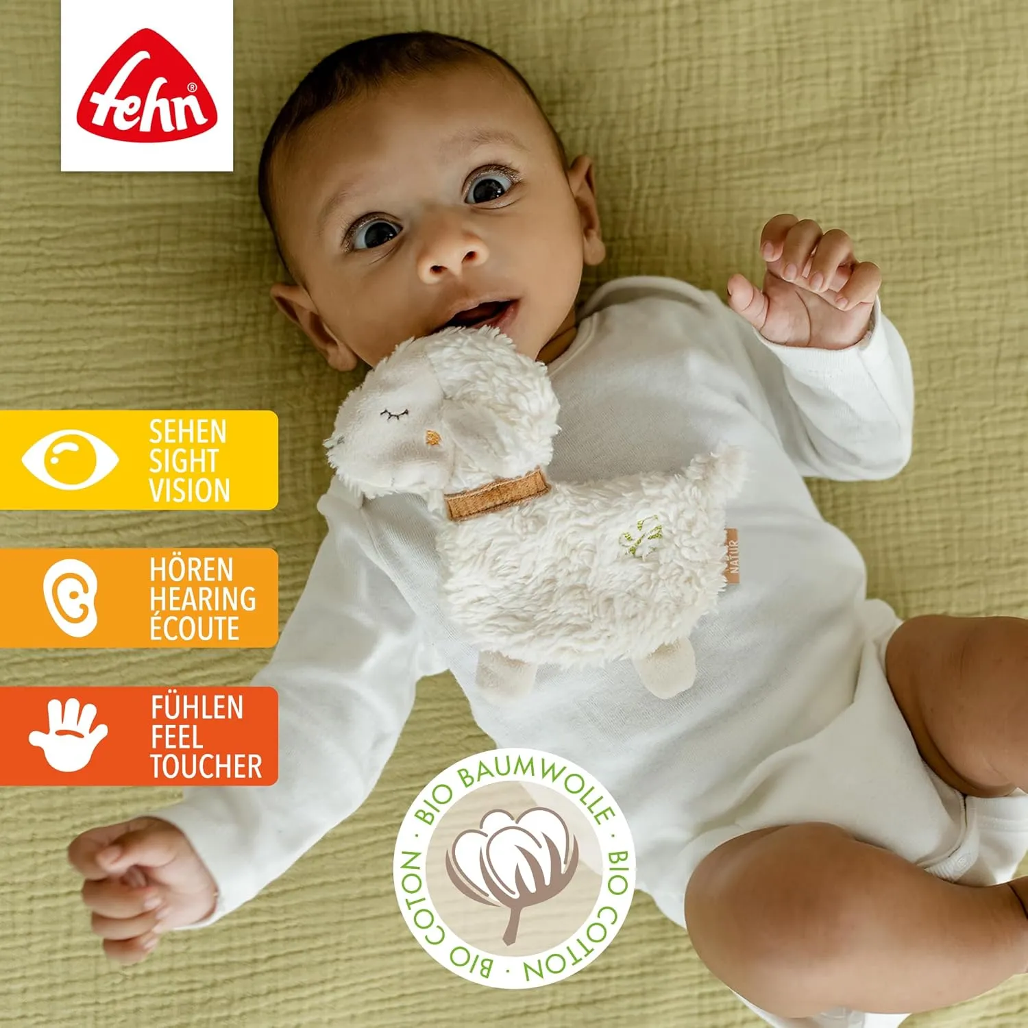 Knister-Schaf Natur – Activity-Rascheltier mit Bio-Baumwolle (kbA) zum Greifen, Spielen & Geräusche erzeugen – Idealer Begleiter für Babys und Kleinkinder AB 0  Monaten