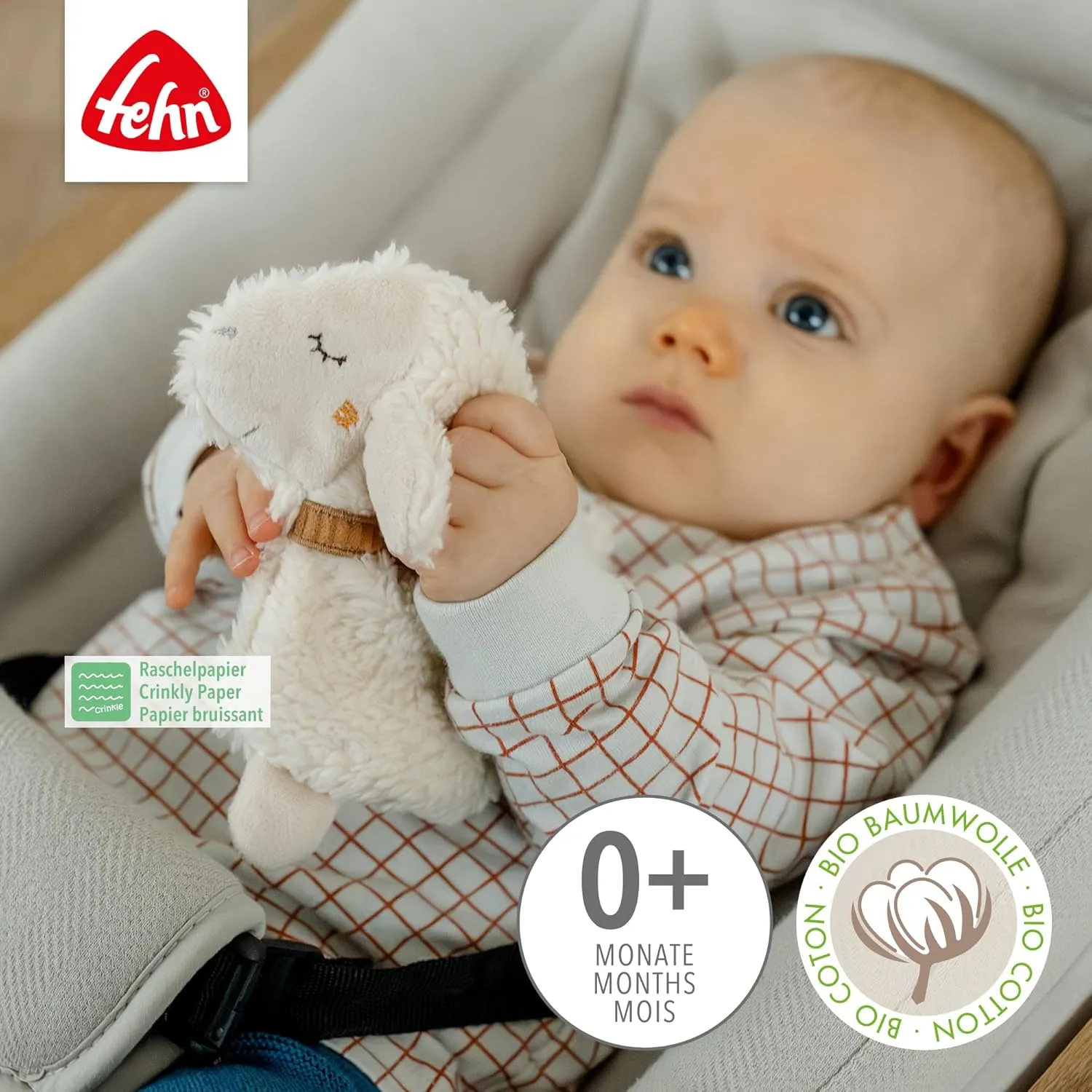 Knister-Schaf Natur – Activity-Rascheltier mit Bio-Baumwolle (kbA) zum Greifen, Spielen & Geräusche erzeugen – Idealer Begleiter für Babys und Kleinkinder AB 0  Monaten