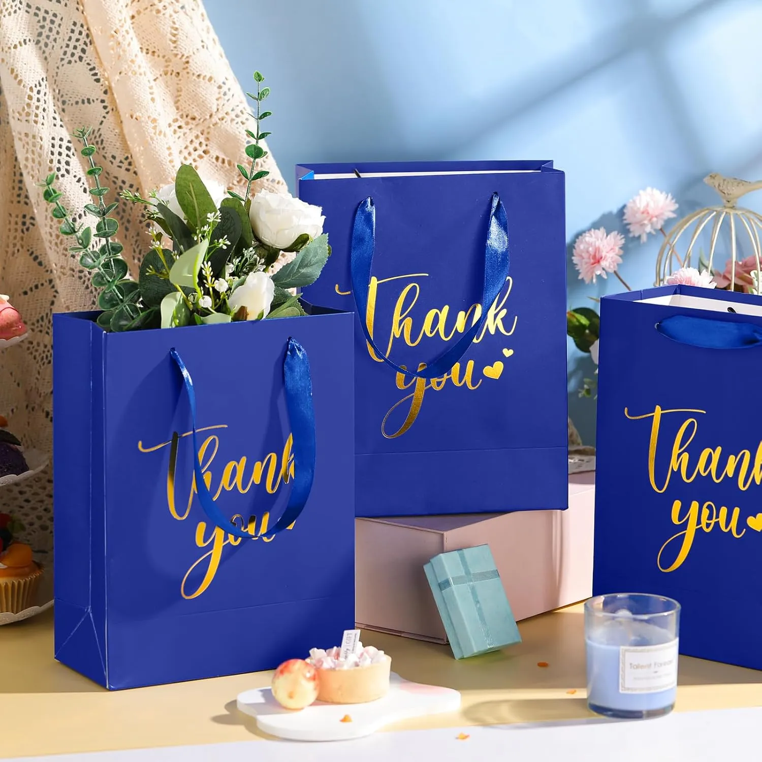 Kolldenn 16 Pcs Thank You Gift Bags Thank You Paper Bags with Handle Wrap Bags Bulk Totes for Birthdays Business Wedding Baby Shower Party Favors(10.63 x 8.27 x 3.94 Inches,Royal Blue)