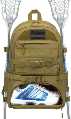 Lacrosse Bag Large Tactical Lacrosse Equipment Backpack with External Buckle Straps to Fix Helmet & Separate Shoe Compartment Holds All Field Hockey Gears