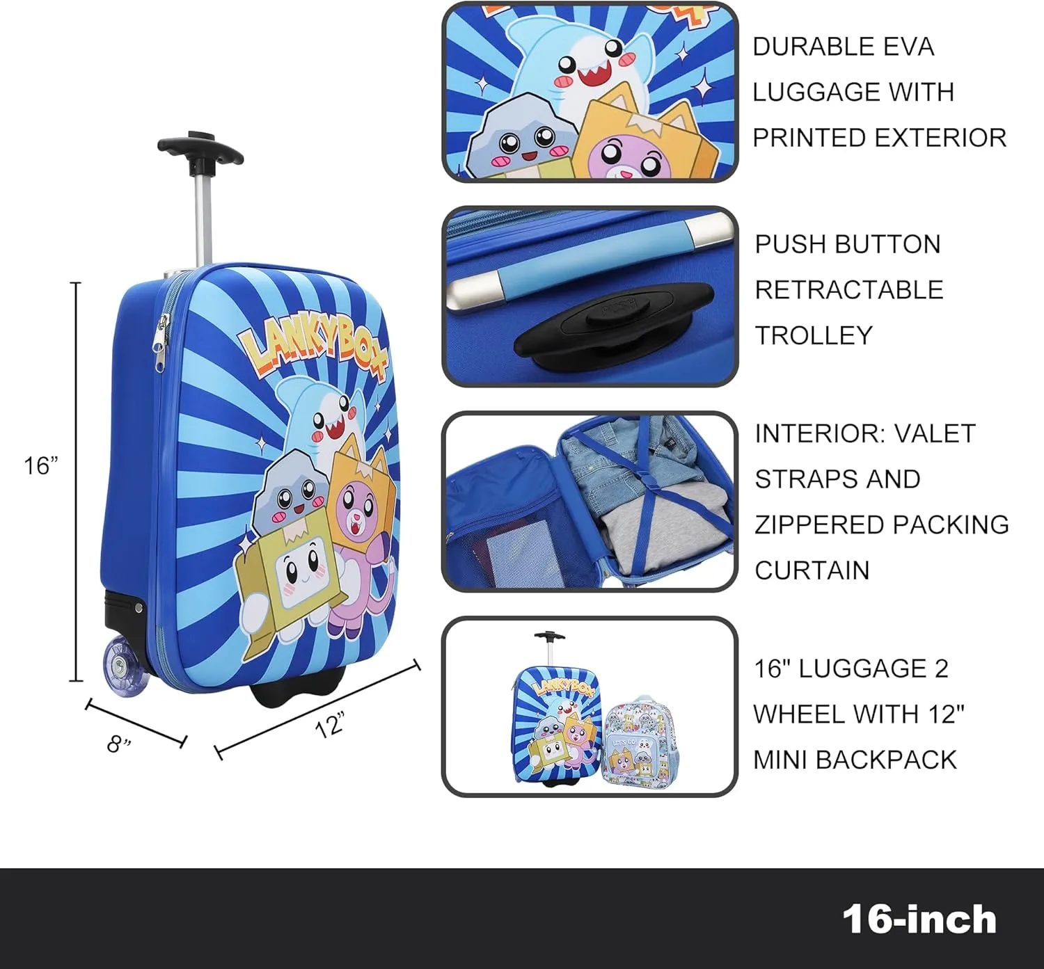 Lanky Box Character Group Shot 2-Piece Youth EVA Wheeled Youth Luggage & Travel Backpack Set