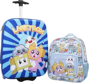 Lanky Box Character Group Shot 2-Piece Youth EVA Wheeled Youth Luggage & Travel Backpack Set