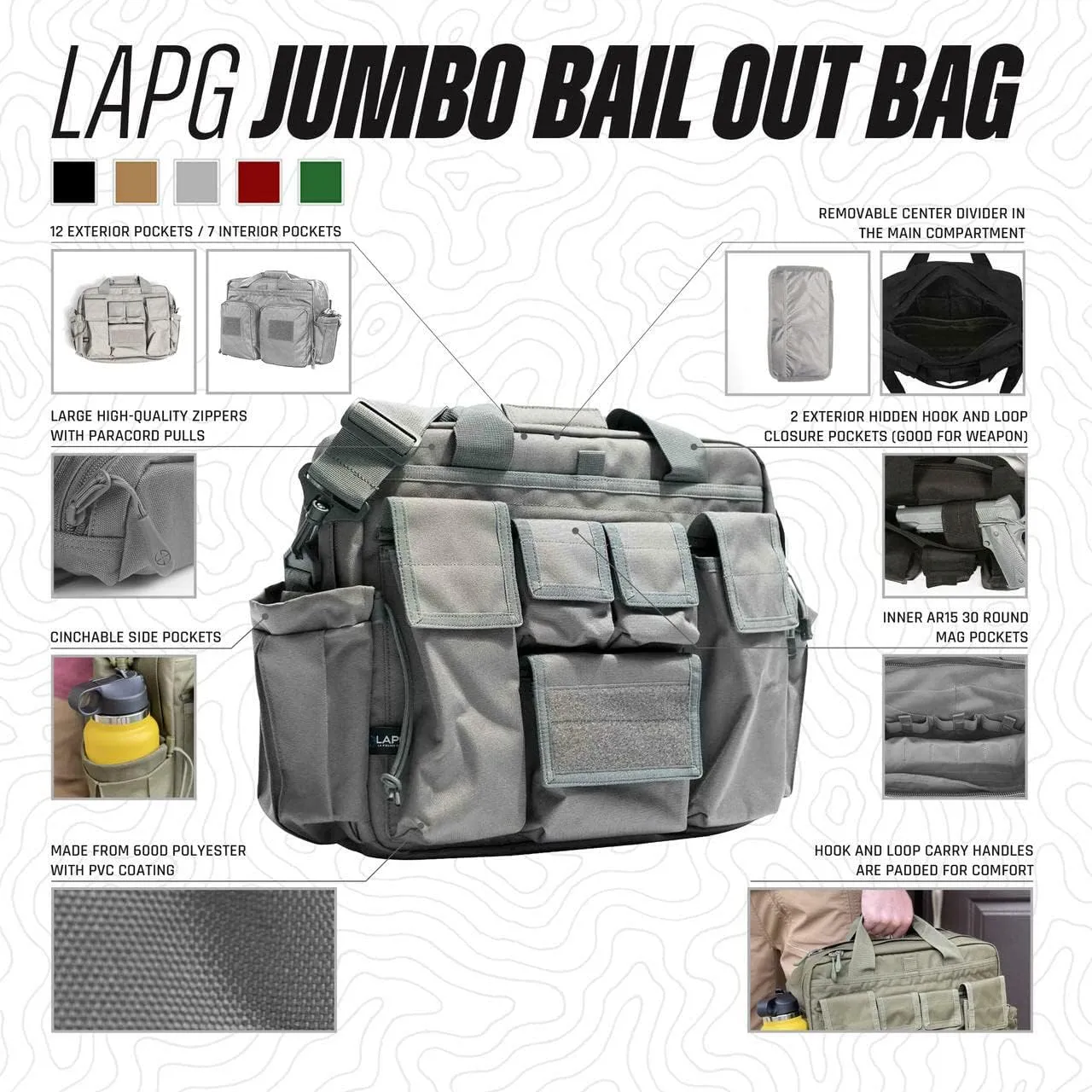 LAPG Camping Gear Jumbo Bail Out Bag, Survival Gear Range Bag, Multiple Pockets, Multi-functional Hiking Gear Bug Out Bag, Coyote