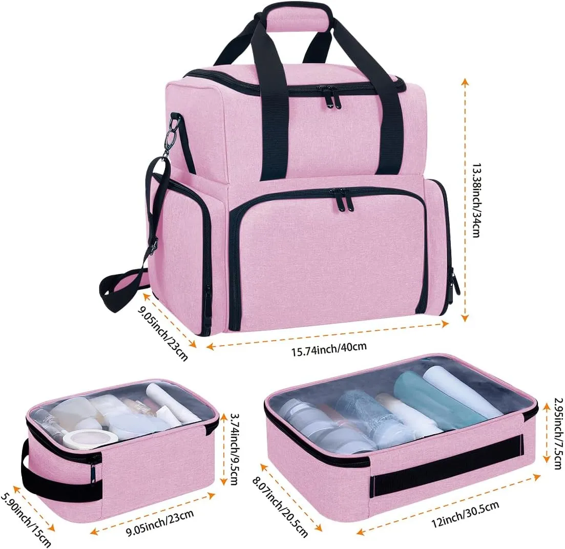 Large Makeup Cosmetic Bag with 3 Removable Case and 2 Removable Dividers Double Layer Travel Storage Organizer, Makeup Brushes Storage Section Pink