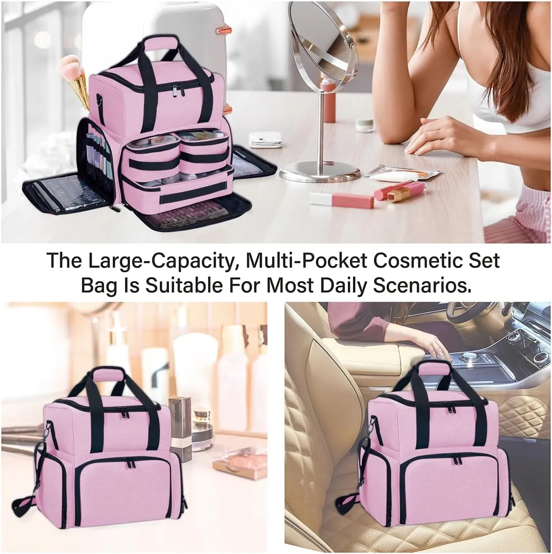 Large Makeup Cosmetic Bag with 3 Removable Case and 2 Removable Dividers Double Layer Travel Storage Organizer, Makeup Brushes Storage Section Pink