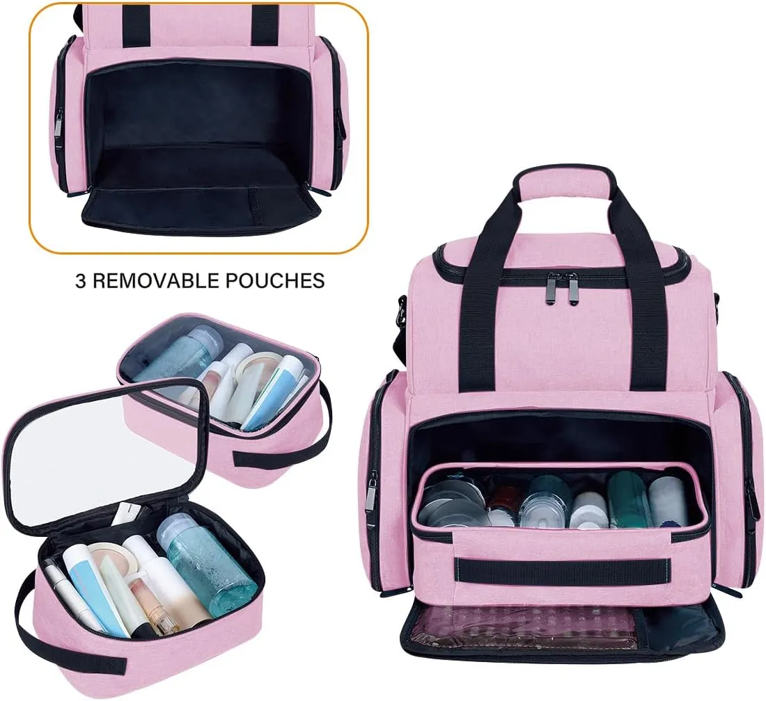Large Makeup Cosmetic Bag with 3 Removable Case and 2 Removable Dividers Double Layer Travel Storage Organizer, Makeup Brushes Storage Section Pink