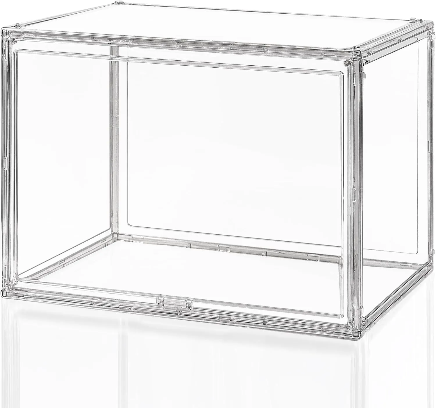 Large Storage Bins with Magnetic Door - 17.7x13x13in Clear Plastic Stackable Organizer, Waterproof Dustproof Display Case for Toys, Helmets, Shoes, Hats, Books & Collectibles
