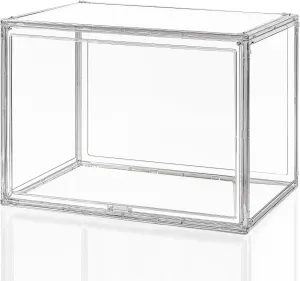 Large Storage Bins with Magnetic Door - 17.7x13x13in Clear Plastic Stackable Organizer, Waterproof Dustproof Display Case for Toys, Helmets, Shoes, Hats, Books & Collectibles