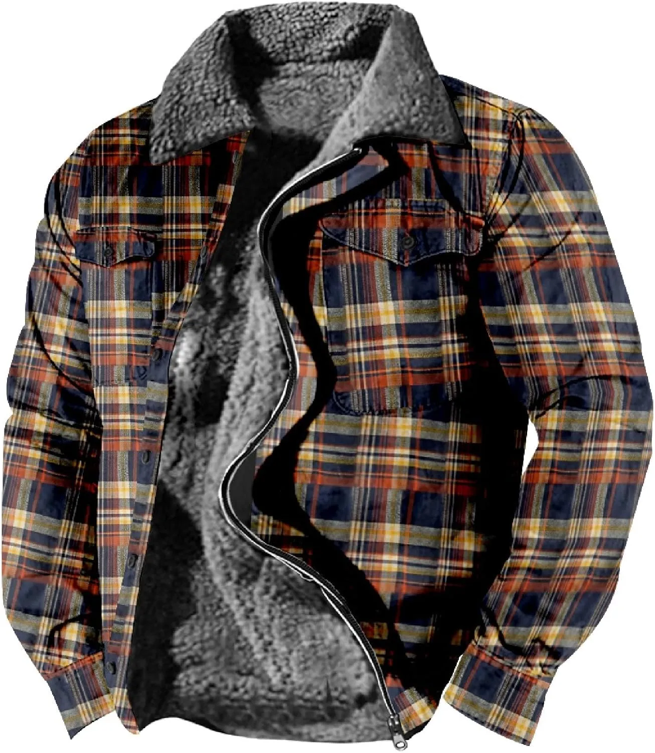 LCMTWX Mens Plaid Flannel Jacket Pocket Hooded Padded Loose Shirt Top Jacket Coats Casual Long Sleeve Coat with