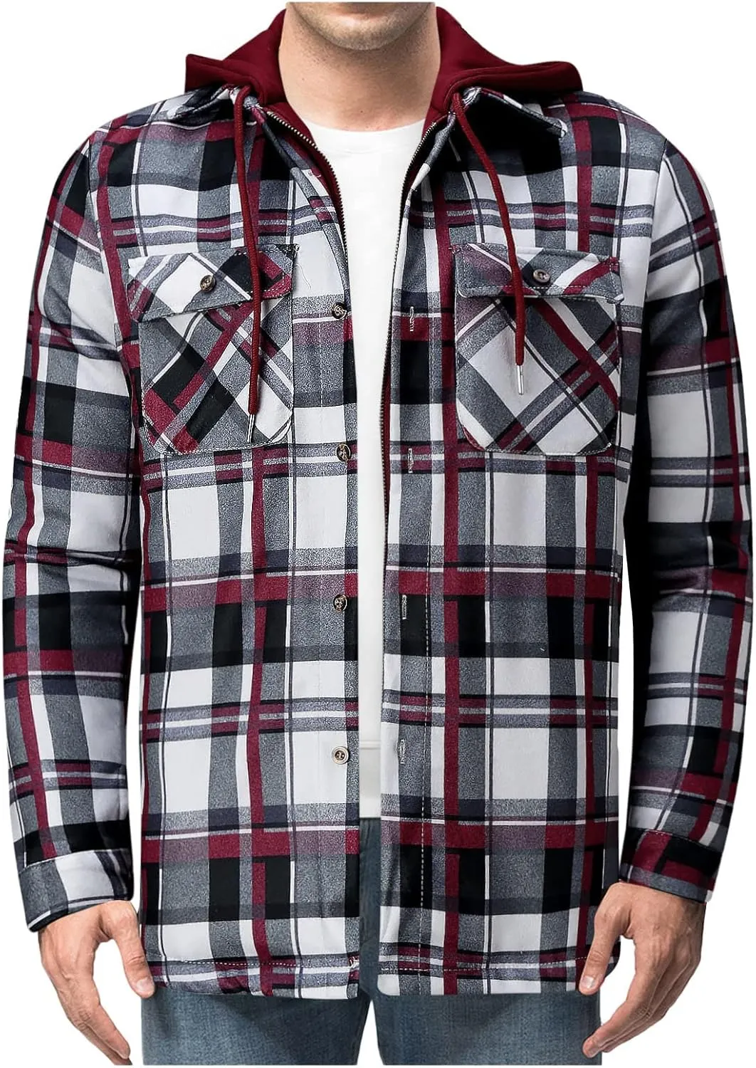 LCMTWX Winter Coat Men Plaid Winter Stripe Print Hooded Zipper Pocket Long Sleeve Shirt Men Plus Size Big&Tall Mens Coat