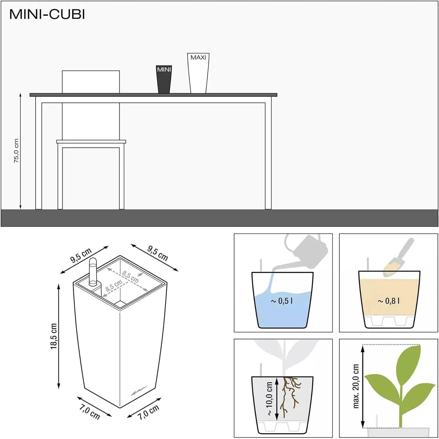Lechuza Mini CUBI Self Watering Planter Small Flower Plant Pot Indoor Plastic Planter Without Drainage Hole H18 L9 W9 cm Red High-Gloss