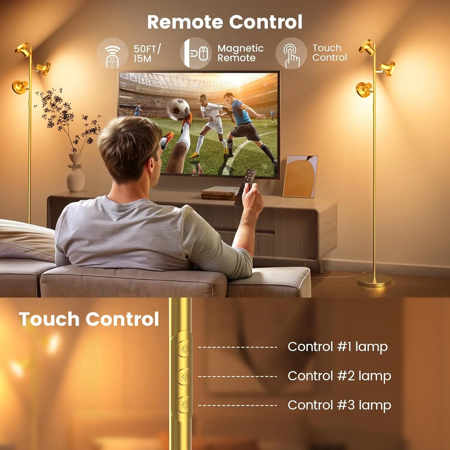 LED Tree Floor Lamp, 36W Industrial Dimmable Standing Lamp with Remote & Touch Control, 3 Rotatable LED Light Modern Floor Lamps for Living Room, Bedroom, Office (Gold)