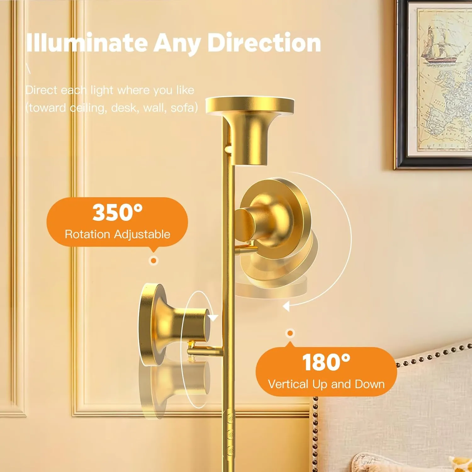 LED Tree Floor Lamp, 36W Industrial Dimmable Standing Lamp with Remote & Touch Control, 3 Rotatable LED Light Modern Floor Lamps for Living Room, Bedroom, Office (Gold)