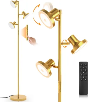 LED Tree Floor Lamp, 36W Industrial Dimmable Standing Lamp with Remote & Touch Control, 3 Rotatable LED Light Modern Floor Lamps for Living Room, Bedroom, Office (Gold)
