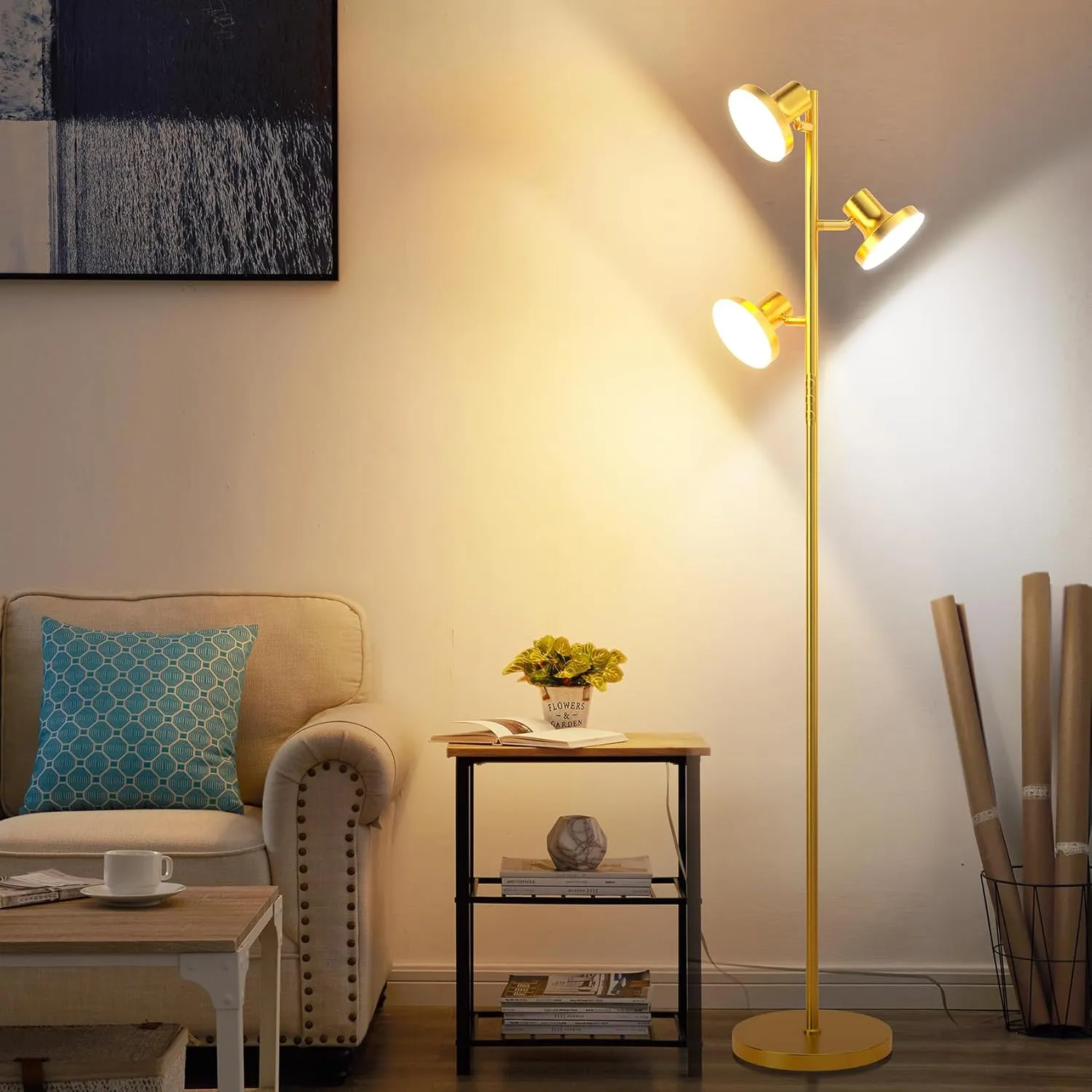 LED Tree Floor Lamp, 36W Industrial Dimmable Standing Lamp with Remote & Touch Control, 3 Rotatable LED Light Modern Floor Lamps for Living Room, Bedroom, Office (Gold)