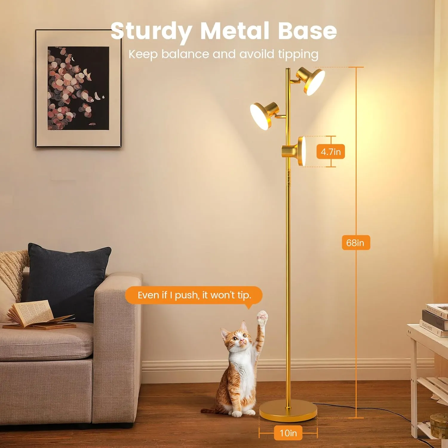 LED Tree Floor Lamp, 36W Industrial Dimmable Standing Lamp with Remote & Touch Control, 3 Rotatable LED Light Modern Floor Lamps for Living Room, Bedroom, Office (Gold)