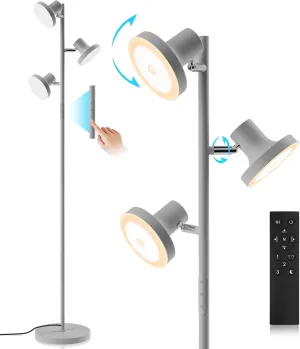 LED Tree Floor Lamp, 36W Industrial Dimmable Standing Lamp with Remote & Touch Control, 3 Rotatable LED Light Modern Floor Lamps for Living Room, Bedroom, Office (Silver Grey)