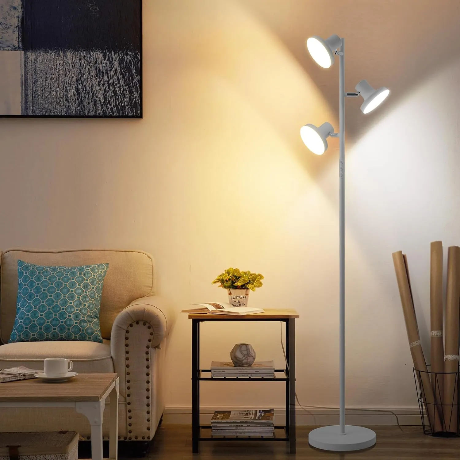 LED Tree Floor Lamp, 36W Industrial Dimmable Standing Lamp with Remote & Touch Control, 3 Rotatable LED Light Modern Floor Lamps for Living Room, Bedroom, Office (Silver Grey)