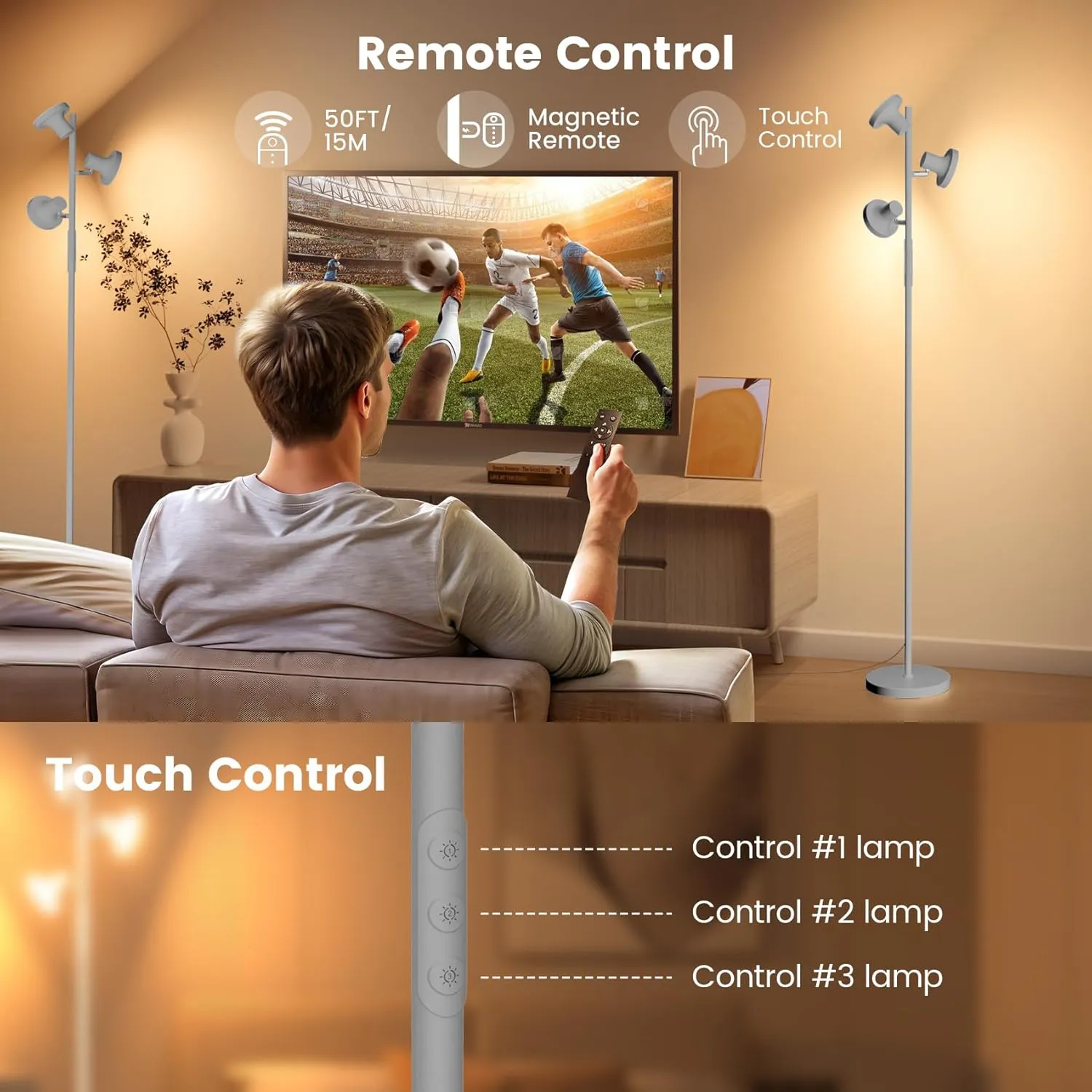 LED Tree Floor Lamp, 36W Industrial Dimmable Standing Lamp with Remote & Touch Control, 3 Rotatable LED Light Modern Floor Lamps for Living Room, Bedroom, Office (Silver Grey)