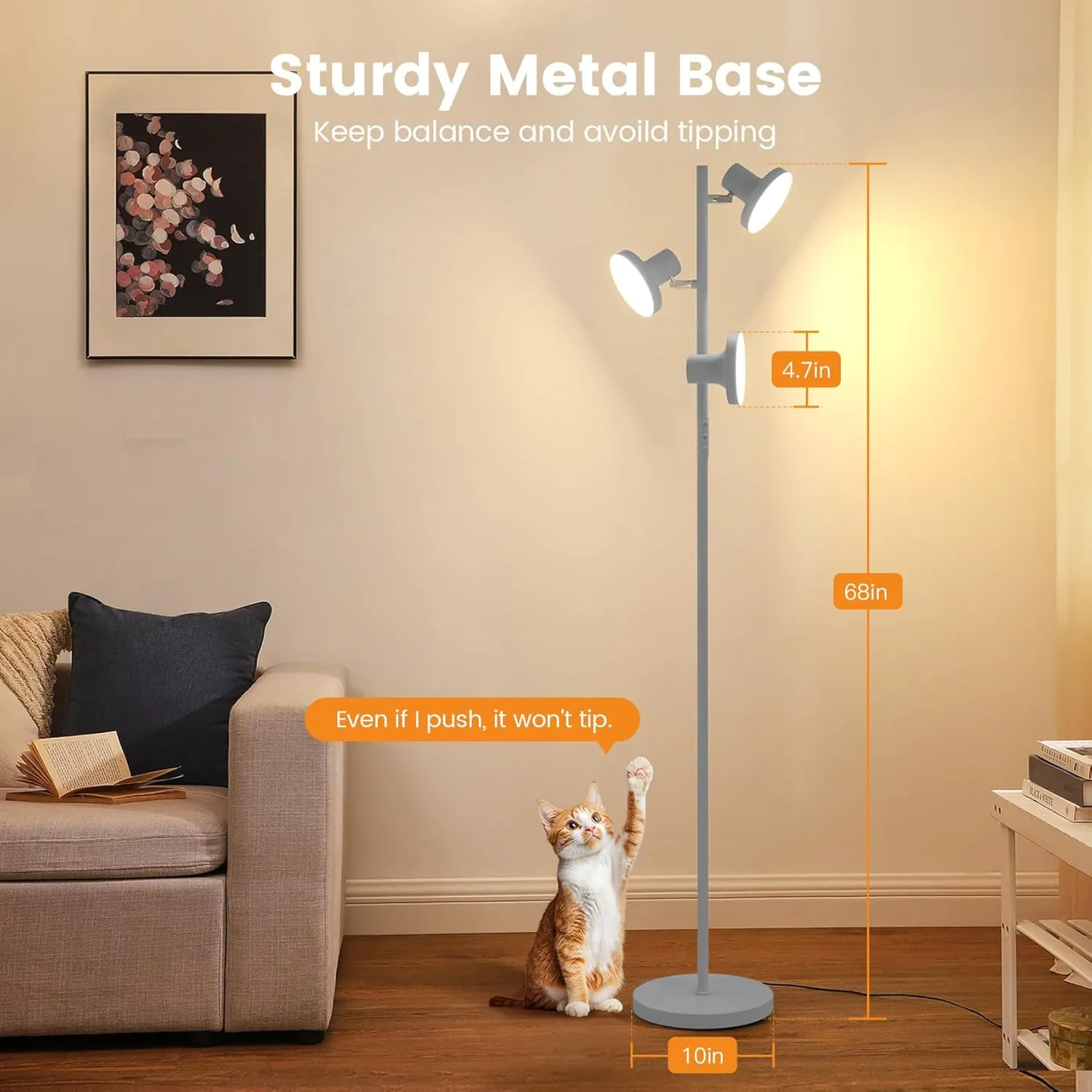 LED Tree Floor Lamp, 36W Industrial Dimmable Standing Lamp with Remote & Touch Control, 3 Rotatable LED Light Modern Floor Lamps for Living Room, Bedroom, Office (Silver Grey)