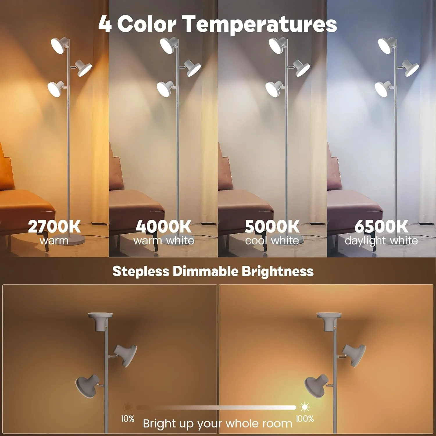 LED Tree Floor Lamp, 36W Industrial Dimmable Standing Lamp with Remote & Touch Control, 3 Rotatable LED Light Modern Floor Lamps for Living Room, Bedroom, Office (Silver Grey)