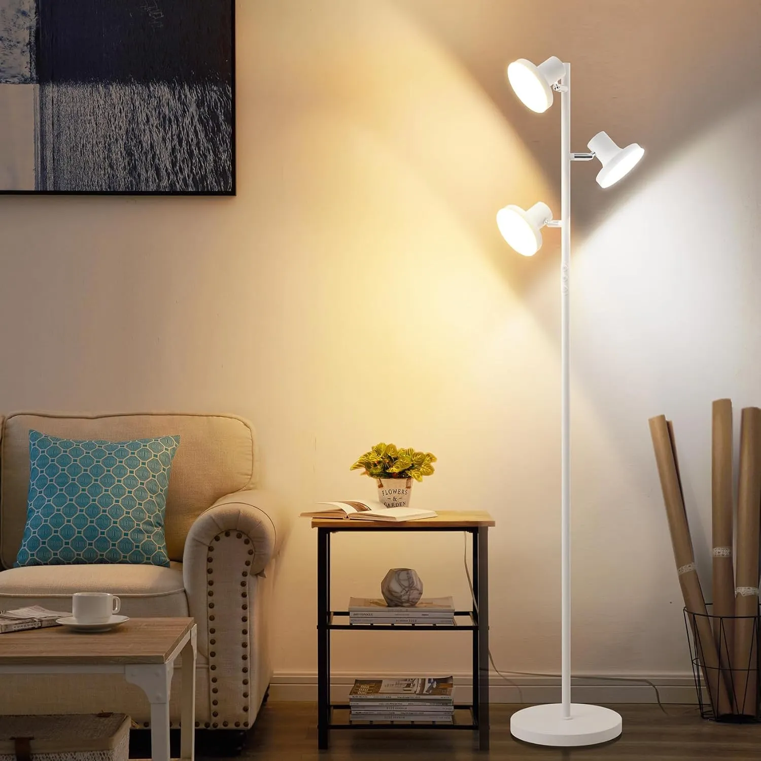 LED Tree Floor Lamp, 36W Industrial Dimmable Standing Lamp with Remote & Touch Control, 3 Rotatable LED Light Modern Floor Lamps for Living Room, Bedroom, Office (White)