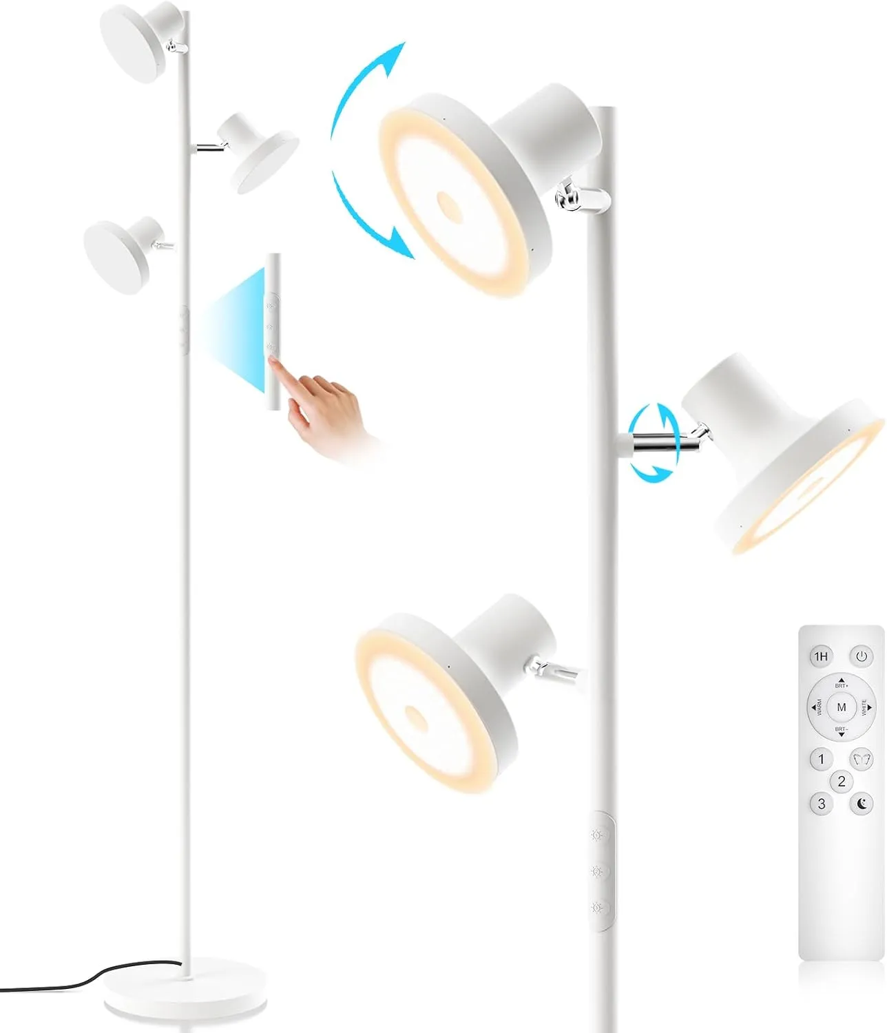 LED Tree Floor Lamp, 36W Industrial Dimmable Standing Lamp with Remote & Touch Control, 3 Rotatable LED Light Modern Floor Lamps for Living Room, Bedroom, Office (White)