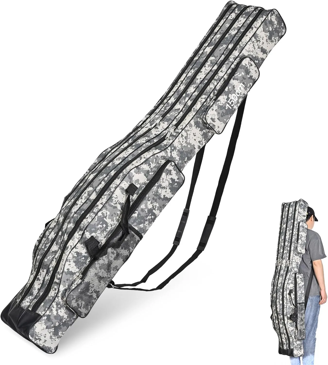 LEOFISHING Portable 3 Layers Fishing Pole Bag Durable Oxford Folding Fishing Rod Reel Carry Case Tackle Storage Bag Case Waterproof Camouflage Travel Fishing Carrier (Grey Camouflage, 150cm/59in)