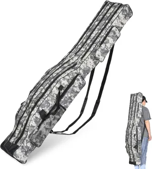 LEOFISHING Portable 3 Layers Fishing Pole Bag Durable Oxford Folding Fishing Rod Reel Carry Case Tackle Storage Bag Case Waterproof Camouflage Travel Fishing Carrier (Grey Camouflage, 150cm/59in)