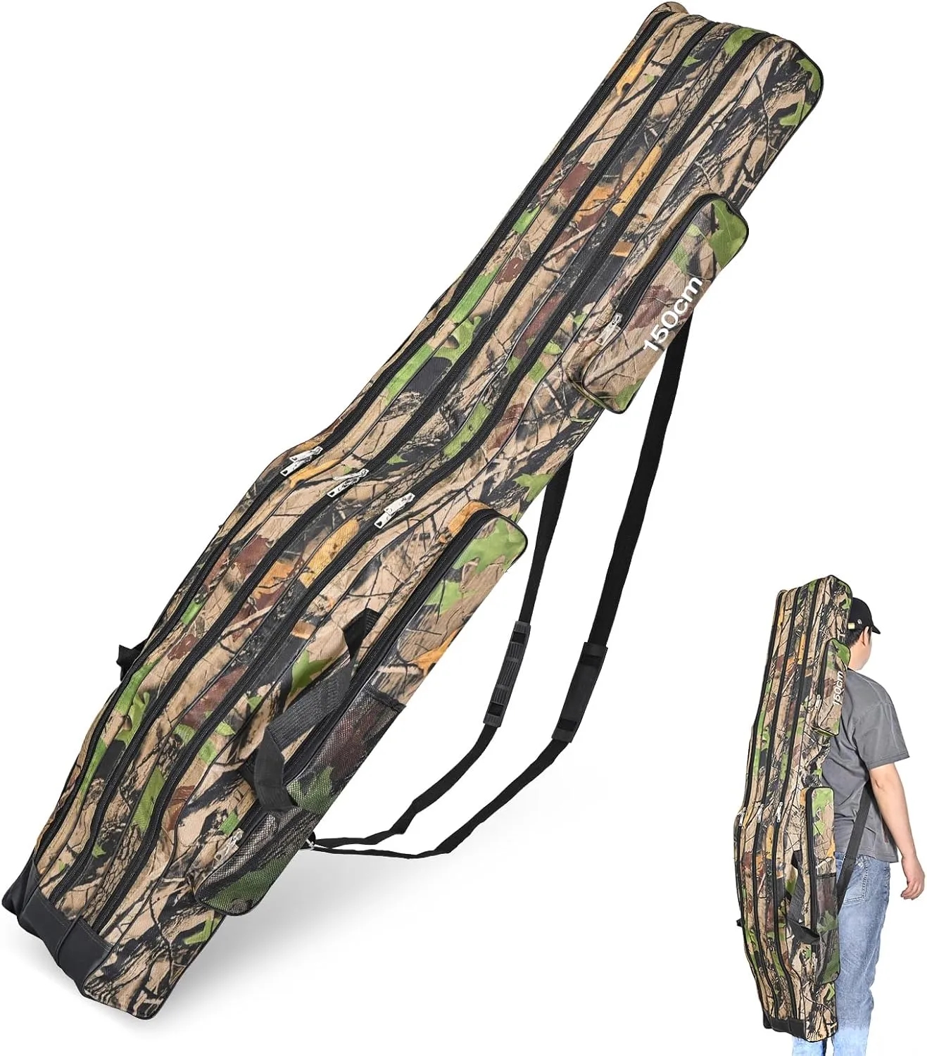 LEOFISHING Portable 3 Layers Fishing Pole Bag Durable Oxford Folding Fishing Rod Reel Carry Case Tackle Storage Bag Case Waterproof Camouflage Travel Fishing Carrier (Yellow Camouflage, 150cm/59in)