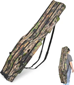 LEOFISHING Portable 3 Layers Fishing Pole Bag Durable Oxford Folding Fishing Rod Reel Carry Case Tackle Storage Bag Case Waterproof Camouflage Travel Fishing Carrier (Yellow Camouflage, 150cm/59in)