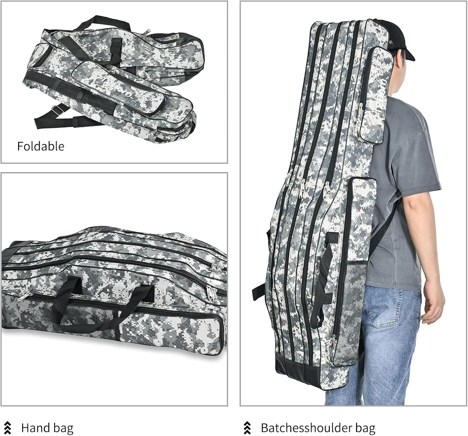 LEOFISHING Portable 3 Layers Fishing Pole Bag Durable Oxford Folding Fishing Rod Reel Carry Case Tackle Storage Bag Case Waterproof Camouflage Travel Fishing Carrier (Yellow Camouflage, 150cm/59in)