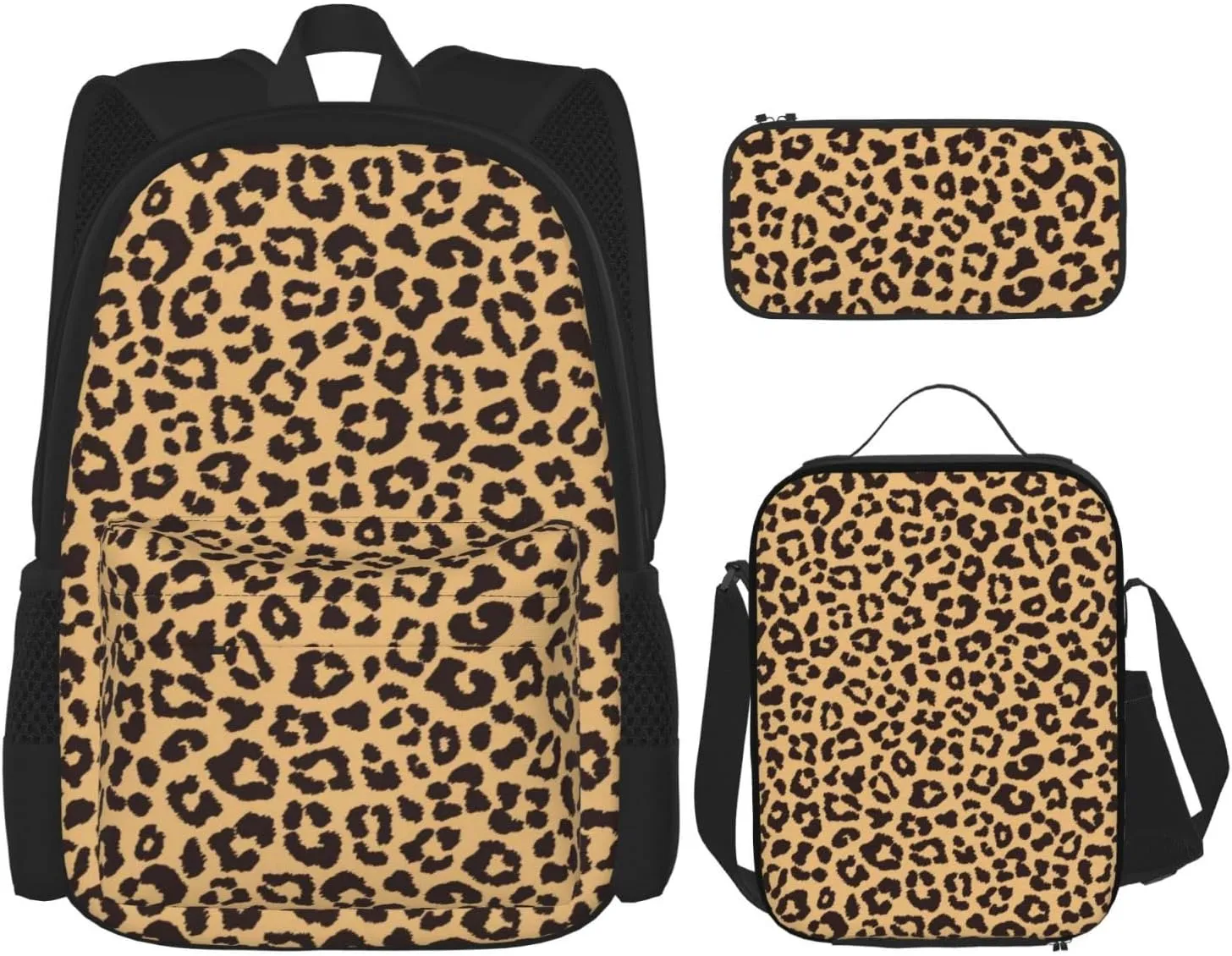 Leopard Animal Print Multifunctional Pocket Backpack Crossbody Lunch Bag Pencil Case 3Pcs Set Large Capacity Backpack