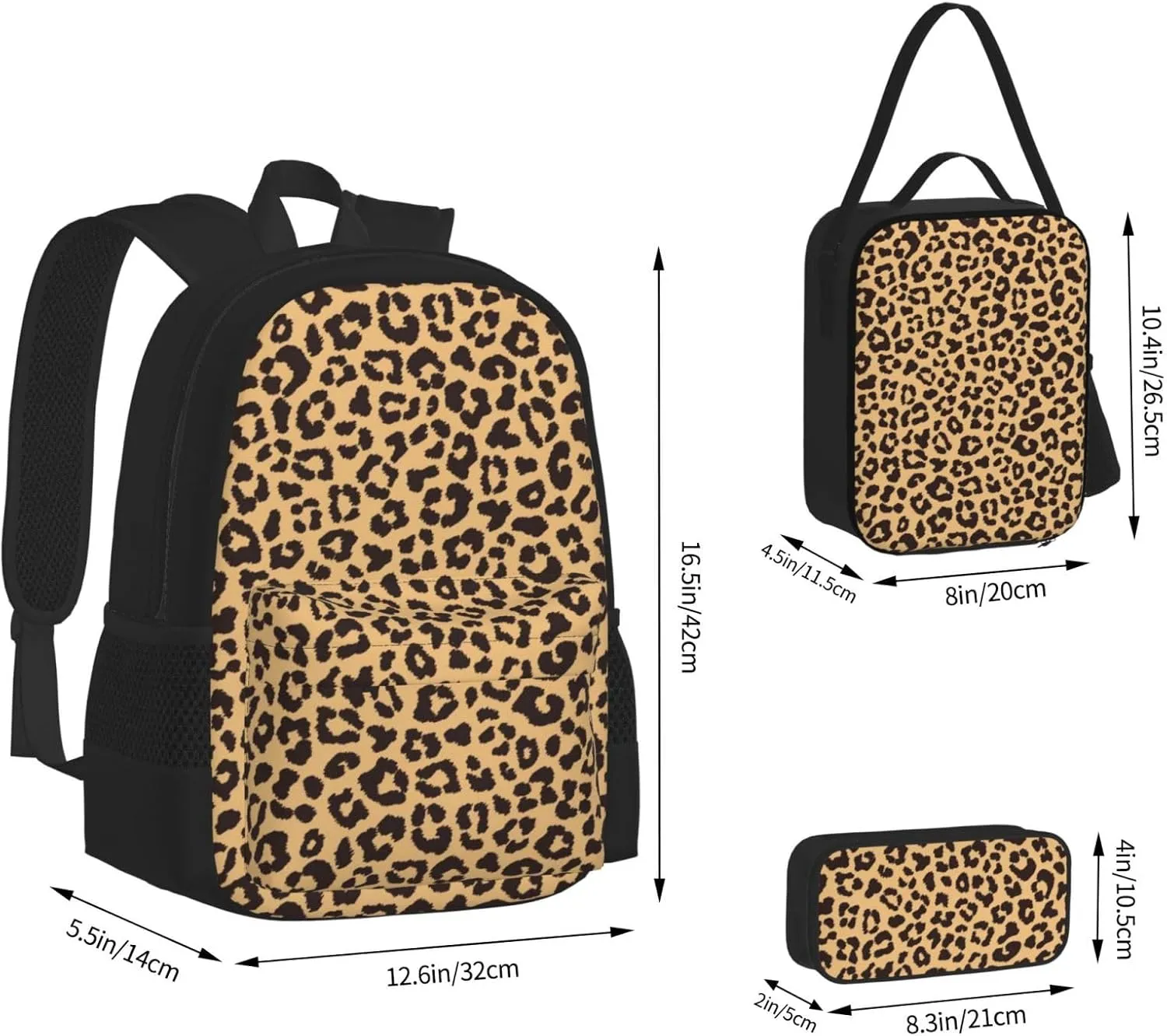Leopard Animal Print Multifunctional Pocket Backpack Crossbody Lunch Bag Pencil Case 3Pcs Set Large Capacity Backpack