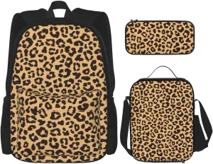 Leopard Animal Print Multifunctional Pocket Backpack Crossbody Lunch Bag Pencil Case 3Pcs Set Large Capacity Backpack