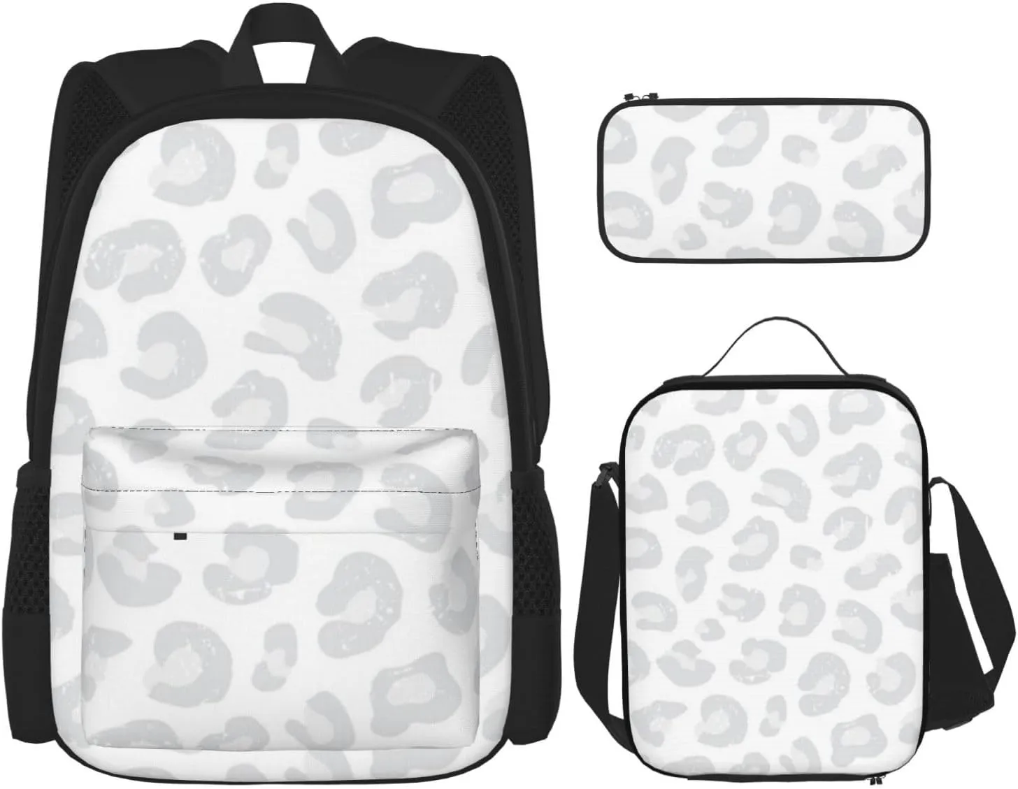 Leopard Print Silver Gray and White Multifunctional Pocket Backpack Crossbody Lunch Bag Pencil Case 3Pcs Set Large Capacity Backpack